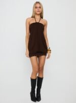 Jordonna Gathered Halter Mini Dress Chocolate - Image 4