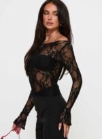 Junah Sheer Lace Long Sleeve Top Black - Image 4