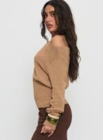 Xaria Off Shoulder Knit Jumper Tan - Image 4
