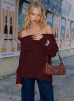 Parkley Boucle Off The Shoulder Jumper Burgundy - Image 4