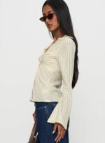Life Begins Long Sleeve Lace Trim Top Cream Stripe - Image 4