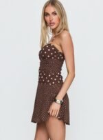 Marguerite Halter Mini Dress Brown Polka Dot - Image 4