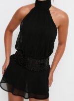 Zenayda Drop Waist Sequin Mini Dress Black - Image 6