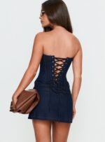 Irenah Strapless Denim Corset Mini Dress Dark Blue Wash - Image 5