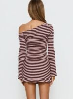 Adrietta Long Sleeve Off Shoulder Mini Dress Chocolate / Pink Stripe - Image 4