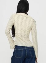 Life Begins Long Sleeve Lace Trim Top Cream Stripe - Image 5