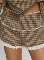 Chandelier Mini Lace Trim Shorts Brown Check - Image 6