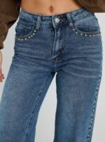 Saving Up Mid Rise Straight Leg Studded Jeans Mid Blue - Image 6