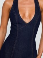 Say Goodnight Denim Halter Mini Dress Mid Wash - Image 6