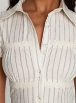 Deserve You Puff Sleeve Button Front Top Cream Stripe - Image 6