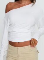 Ashlinn Off Shoulder Long Sleeve Drapey Top White - Image 6