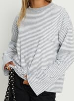 Settle Down Long Sleeve Top Grey / White Stripe - Image 7