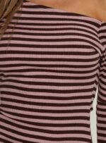 Adrietta Long Sleeve Off Shoulder Mini Dress Chocolate / Pink Stripe - Image 5