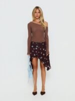 Hevenna Asymmetrical Chiffon Mini Skirt Brown / Blue Polka - Image 7