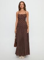 Marguerite Halter Maxi Dress Brown Polka Dot - Image 7