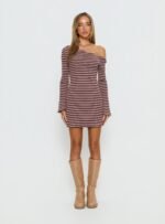 Adrietta Long Sleeve Off Shoulder Mini Dress Chocolate / Pink Stripe - Image 6