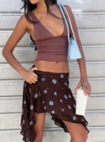 Hevenna Asymmetrical Chiffon Mini Skirt Brown / Blue Polka - Image 10
