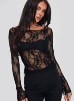 Junah Sheer Lace Long Sleeve Top Black - Image 8