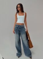 Paltrow Mid Rise Wide Leg Cargo Jeans Mid Blue Wash - Image 9
