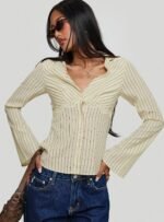 Life Begins Long Sleeve Lace Trim Top Cream Stripe - Image 8