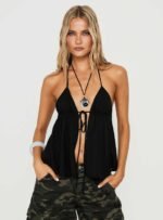 Top Form Tie Front Halter Top Black - Image 8