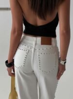 Saving Up Mid Rise Straight Leg Studded Jeans White - Image 9