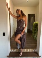 Marguerite Halter Maxi Dress Brown Polka Dot - Image 11